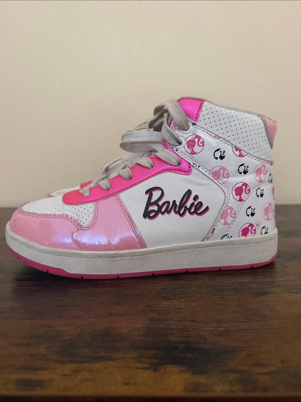 Barbie Pink & White High-Top Sneakers with Logo Pattern